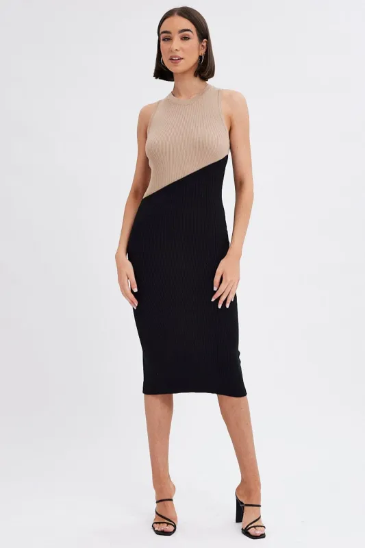 Black Midi Dress Round Neck Colour Blocked Knit sold by Ally Fashion