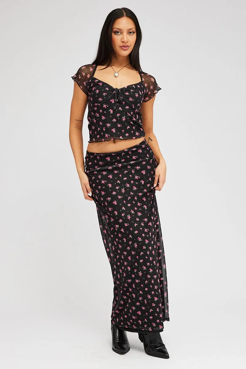 Black Floral Maxi Skirt Pencil High Rise Mesh sold by Ally Fashion