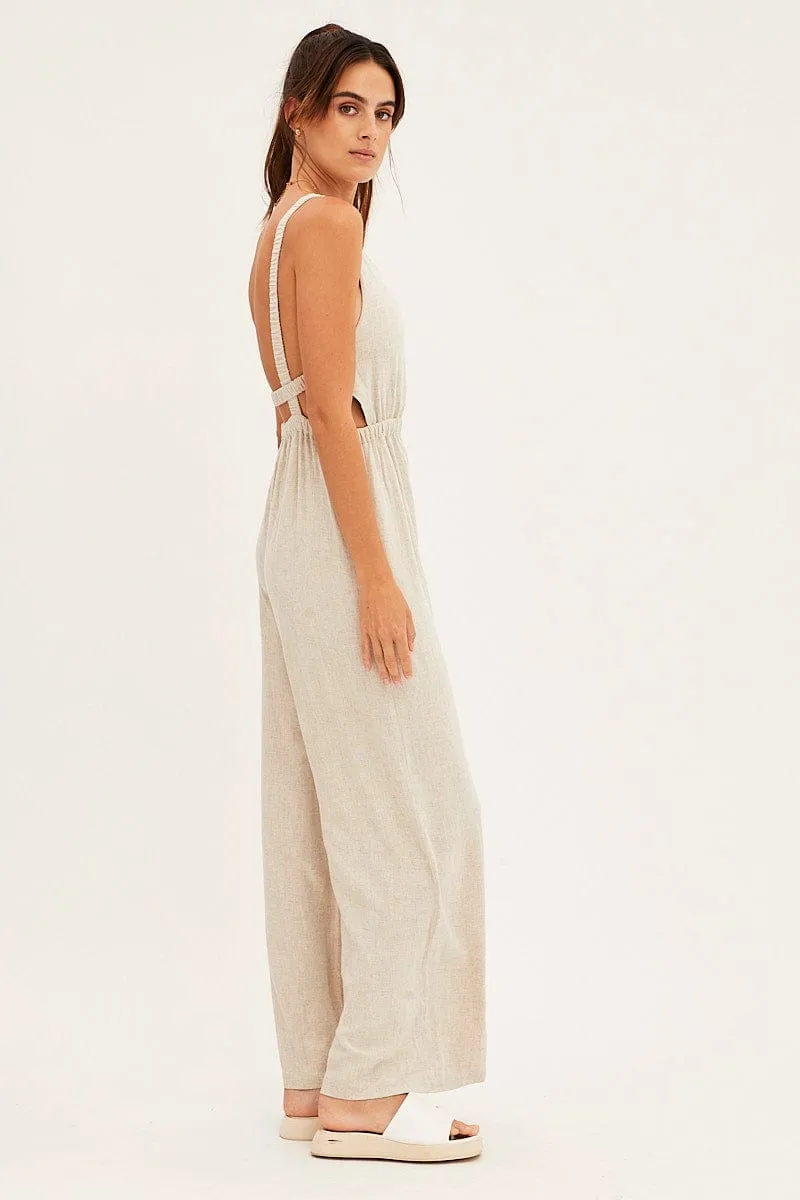 Beige Sleeveless Jumpsuit Wide Leg Viscose Linen sold by Ally Fashion product image thumbnail 4