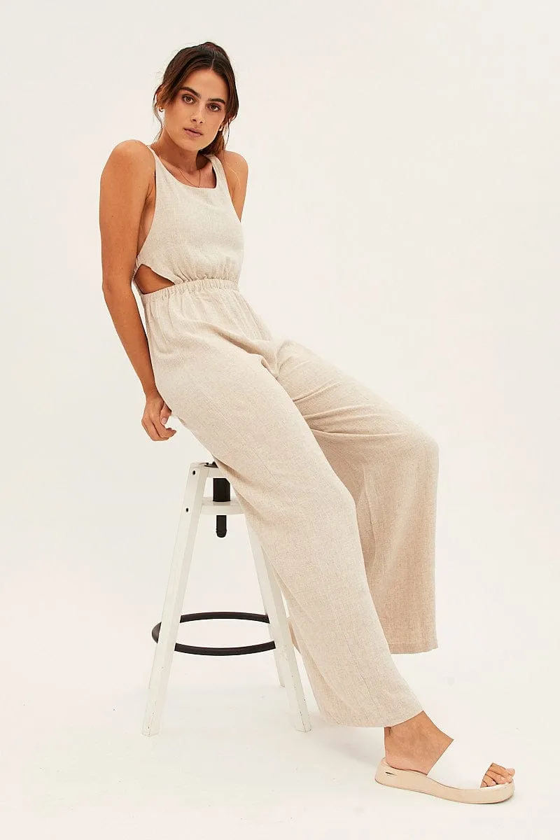 Beige Sleeveless Jumpsuit Wide Leg Viscose Linen sold by Ally Fashion