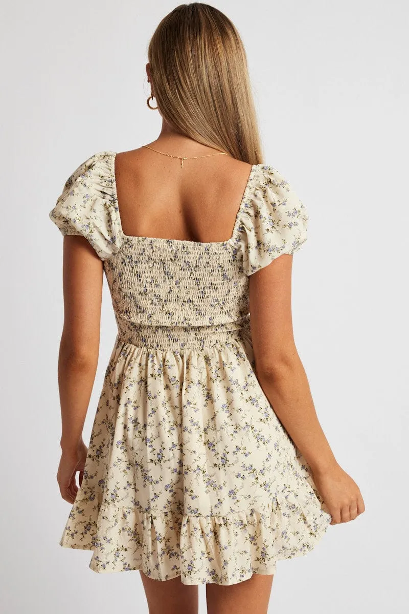 White Floral Fit And Flare Dress Puff Sleeve sold by Ally Fashion product image thumbnail 5