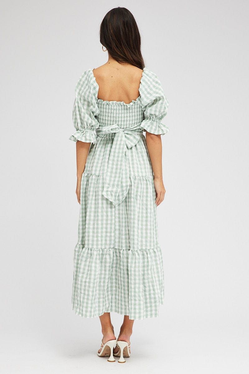Green Check Midi Dress Short Sleeve Shirred Tie Back sold by Ally Fashion product image thumbnail 5