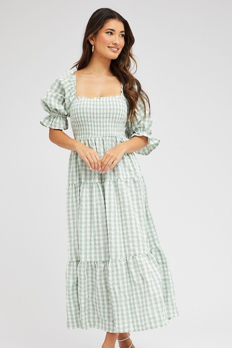 Green Check Midi Dress Short Sleeve Shirred Tie Back sold by Ally Fashion product image thumbnail 2
