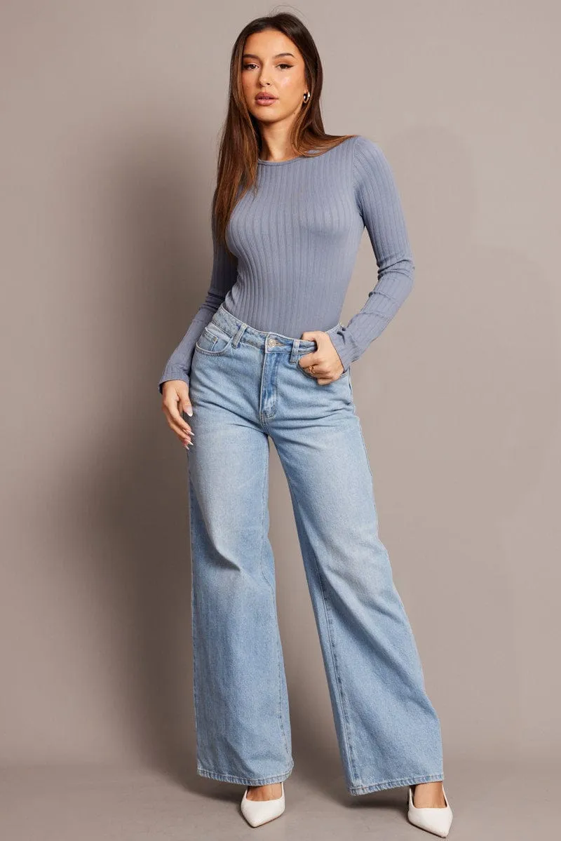 Blue Bodysuit Long Sleeve Crew Neck Seamless sold by Ally Fashion product image thumbnail 2