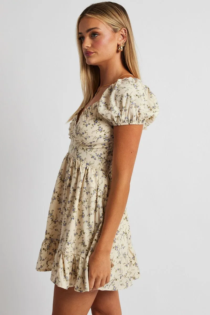 White Floral Fit And Flare Dress Puff Sleeve sold by Ally Fashion product image thumbnail 4