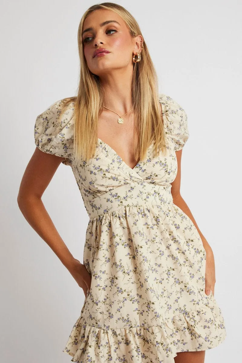White Floral Fit And Flare Dress Puff Sleeve sold by Ally Fashion