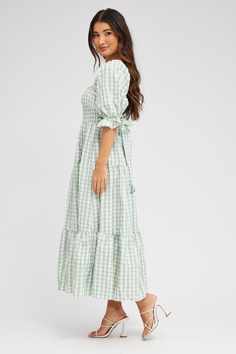 Green Check Midi Dress Short Sleeve Shirred Tie Back sold by Ally Fashion product image thumbnail 4