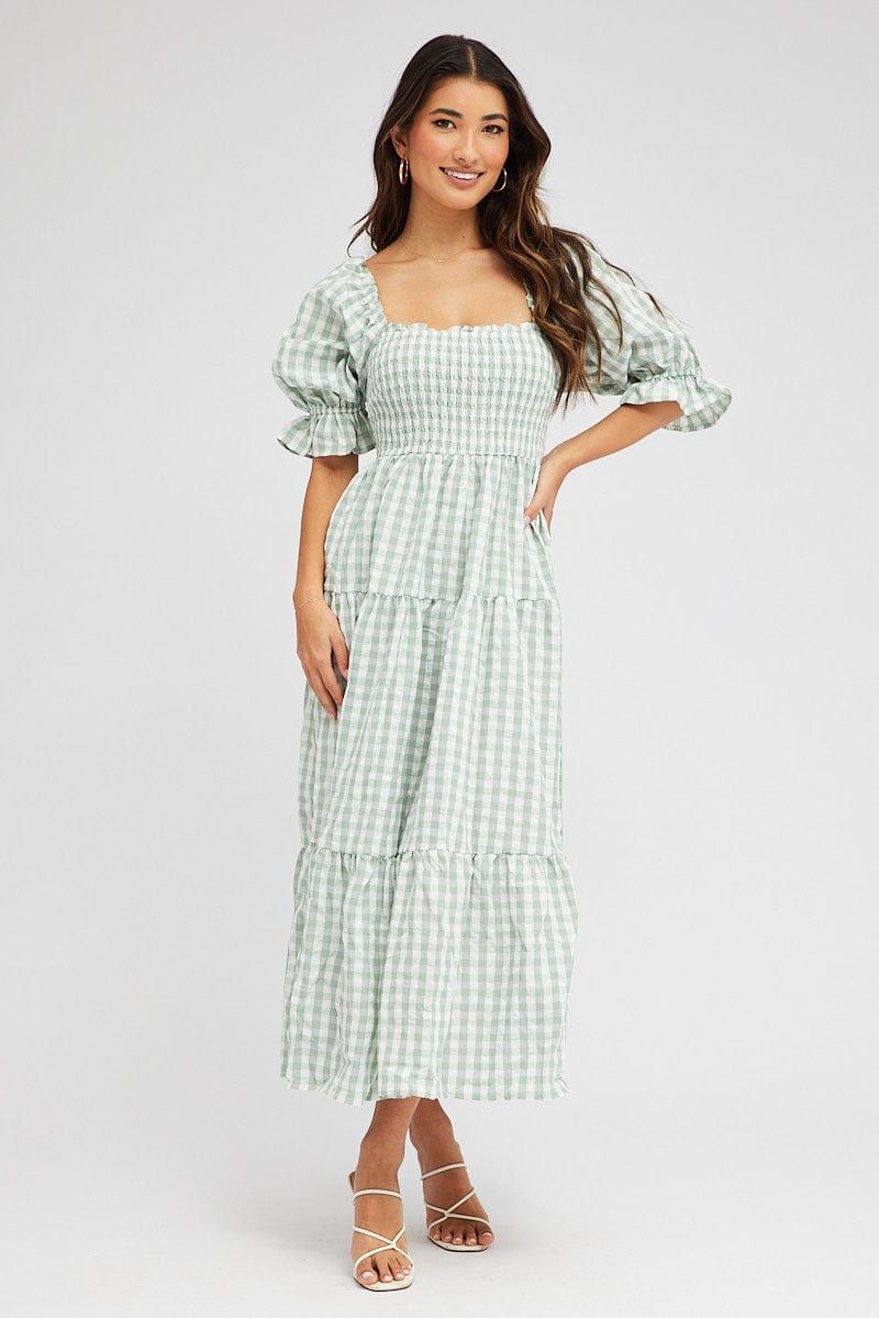 Green Check Midi Dress Short Sleeve Shirred Tie Back sold by Ally Fashion