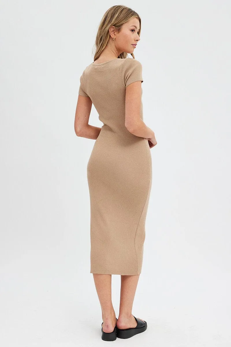 Beige Knit Dress Short Sleeve Bodycon Midi sold by Ally Fashion product image thumbnail 5
