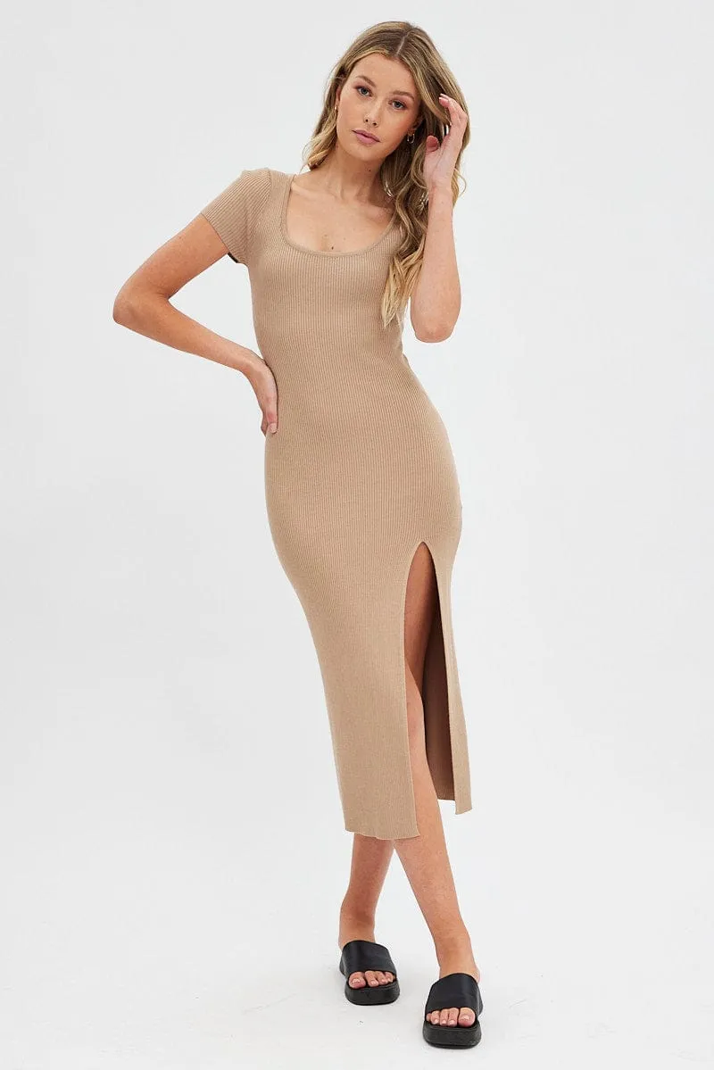 Beige Knit Dress Short Sleeve Bodycon Midi sold by Ally Fashion product image thumbnail 3