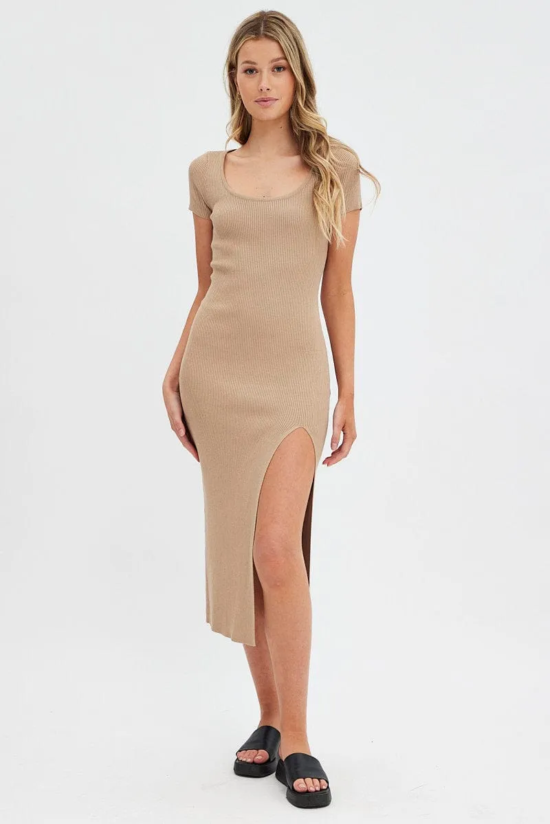 Beige Knit Dress Short Sleeve Bodycon Midi sold by Ally Fashion