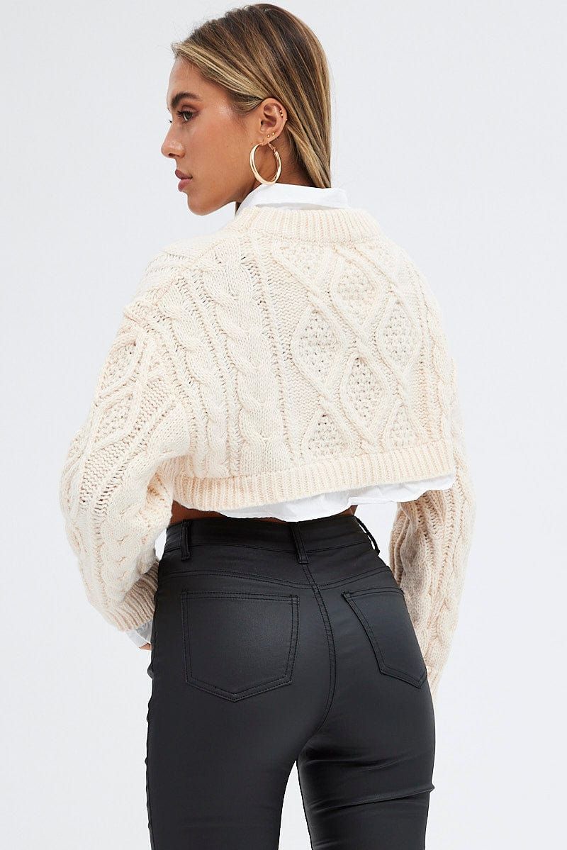Beige Cable Knit Jumper Crop Faux Layered sold by Ally Fashion product image thumbnail 5