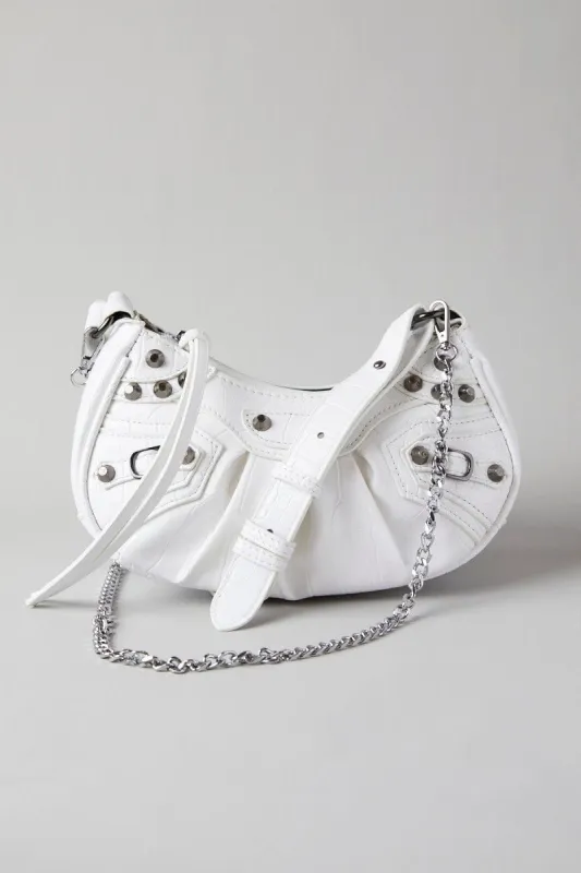White Curved Crossbody Bag with Studding sold by Ally Fashion