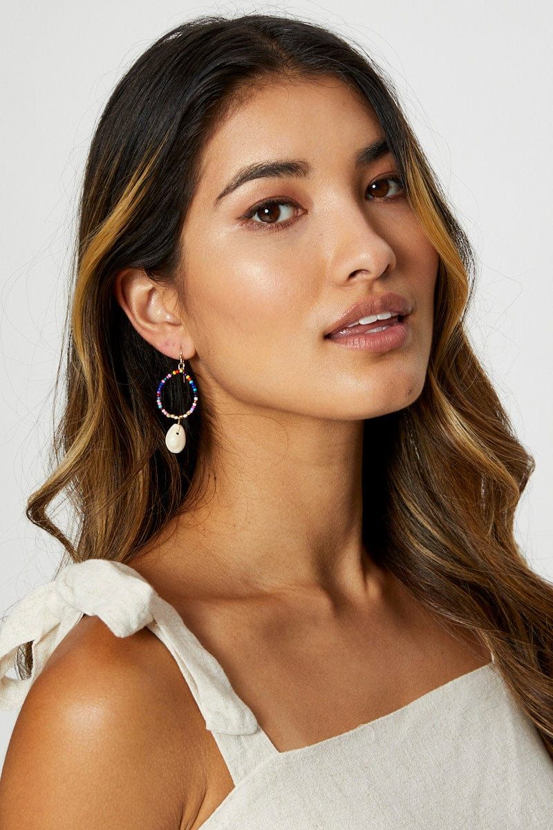 Multi Shell Drop Multi Coloured Beaded Hoop Earrings sold by Ally Fashion