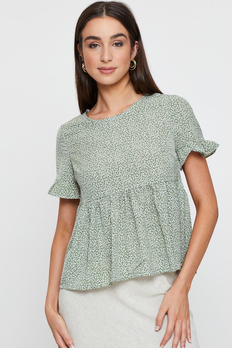 Geo Print Ruffle Top Short Sleeve sold by Ally Fashion