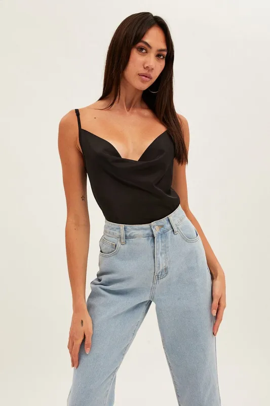 Black Cowl Neck Satin Bodysuit sold by Ally Fashion