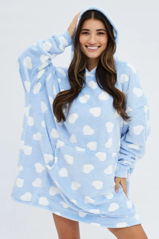 Blue Print Heart Print Cosy Blanket Hoodie PJ sold by Ally Fashion