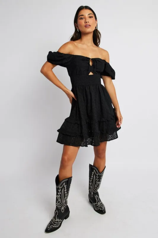 Black Fit and Flare Dress Short Sleeve Embroidered sold by Ally Fashion