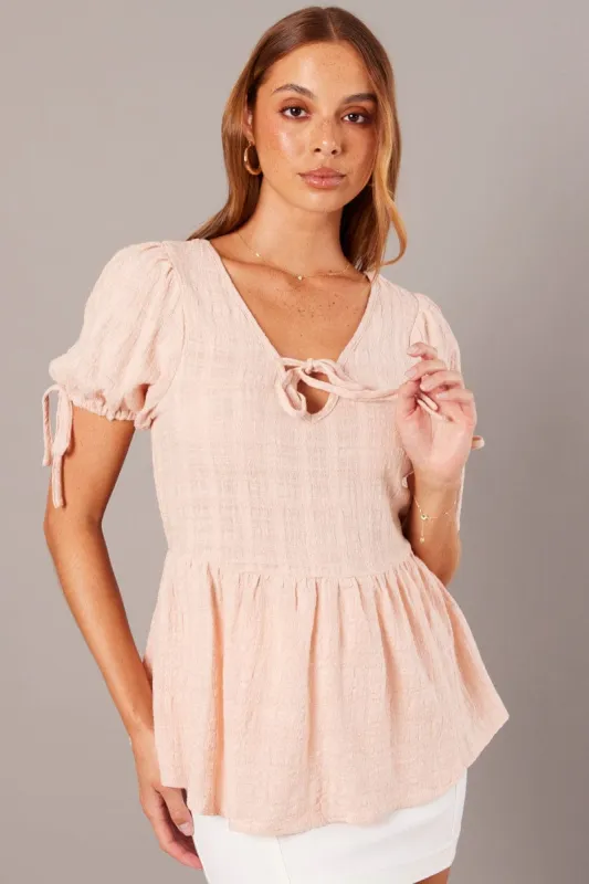 Beige Peplum Top Short Sleeve Tie Front sold by Ally Fashion