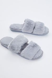 Grey Faux Fur Fluffy Slides sold by Ally Fashion