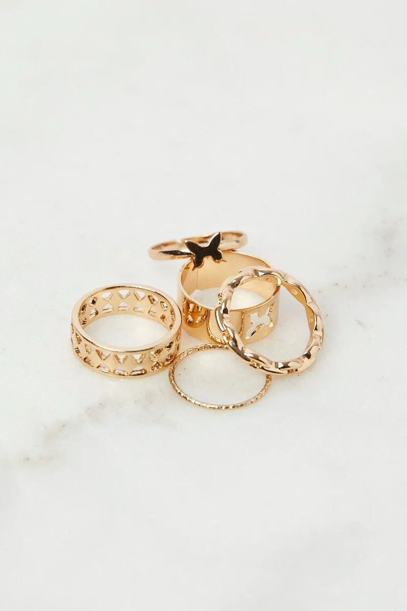 Gold 5 pack Butterfly and Chain Detail Rings sold by Ally Fashion