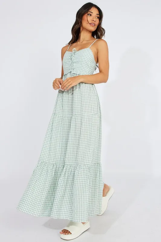 Green Check Maxi Dress Sleeveless Shirred Bust sold by Ally Fashion