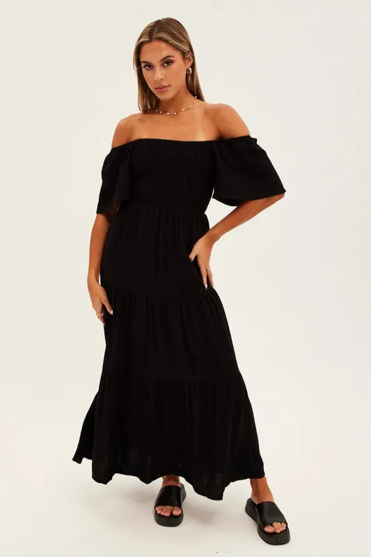 Black Shirred Bell Sleeve Midi Dress sold by Ally Fashion