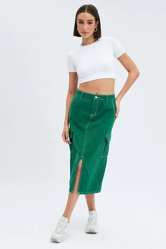 Green Midi Skirt Mid Rise A-line Cargo Contrast Stitch sold by Ally Fashion