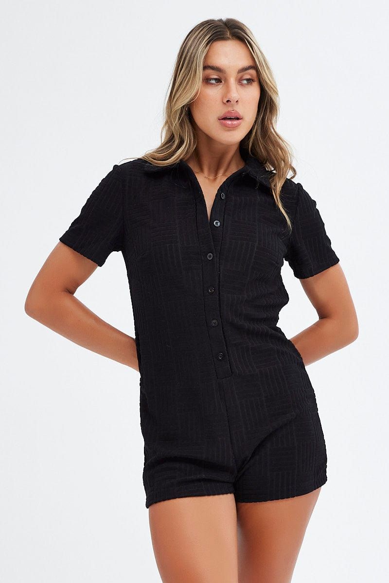 Black Textured Embossed Button Romper Playsuit sold by Ally Fashion