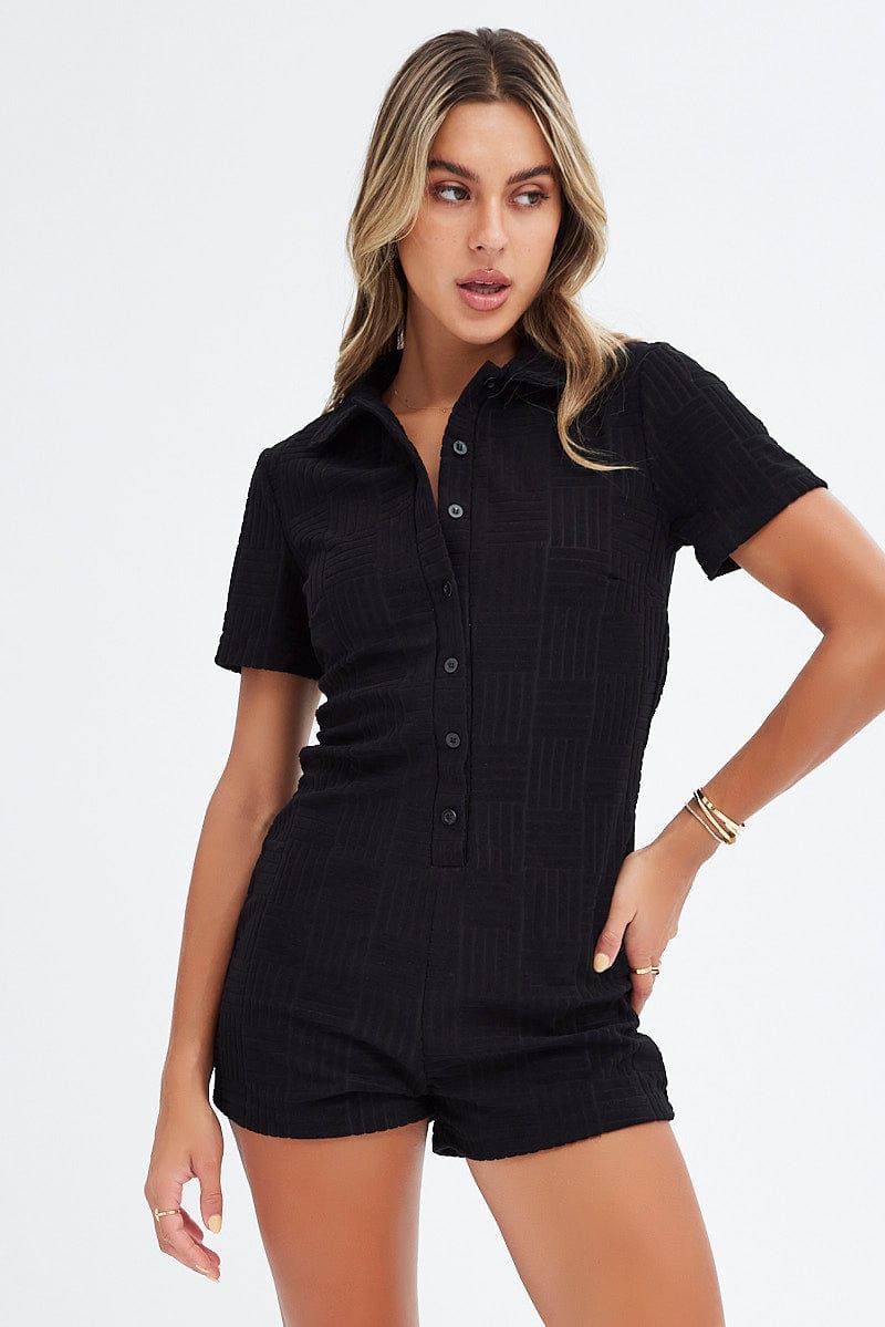 Black Textured Embossed Button Romper Playsuit sold by Ally Fashion product image thumbnail 3