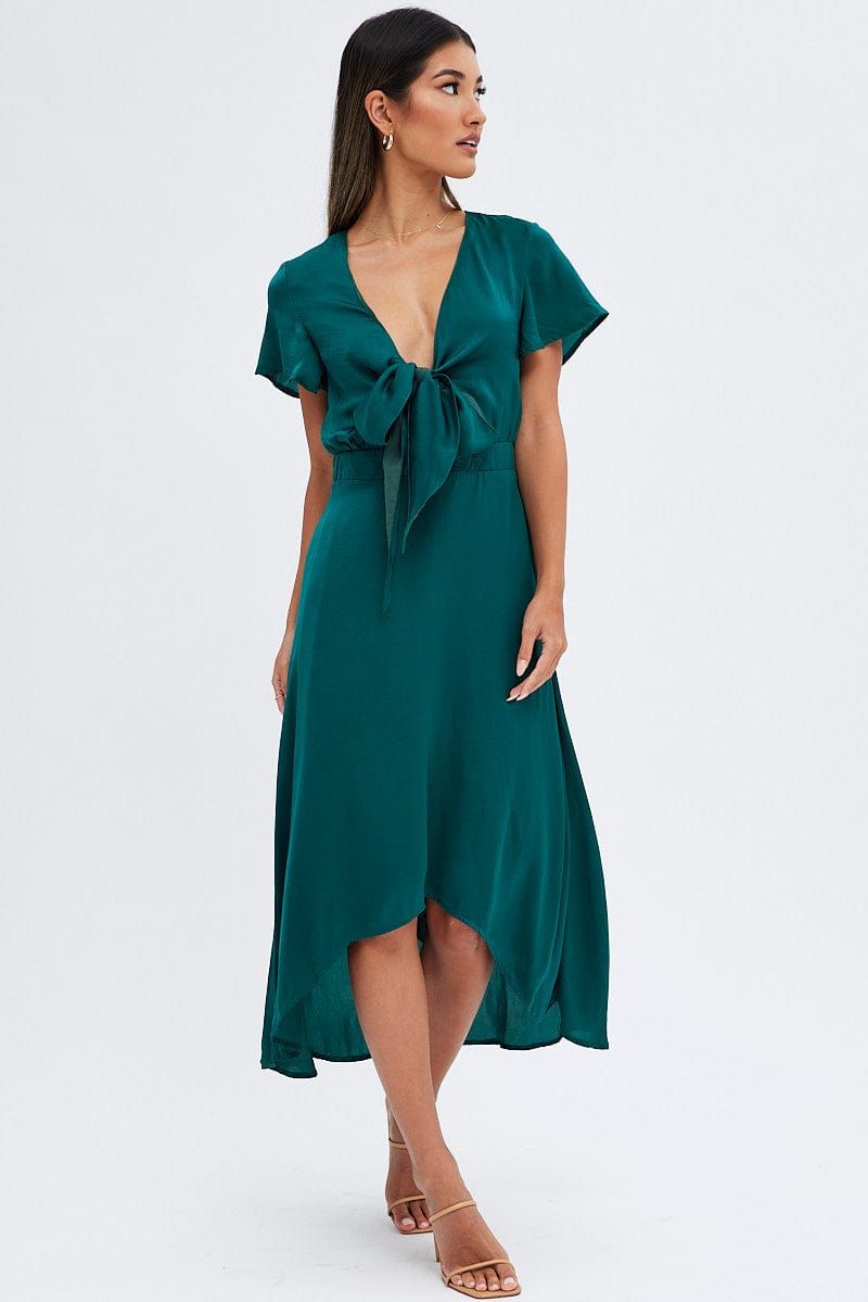 Green Midi Dress Short Sleeve Tie Back Satin sold by Ally Fashion product image thumbnail 3