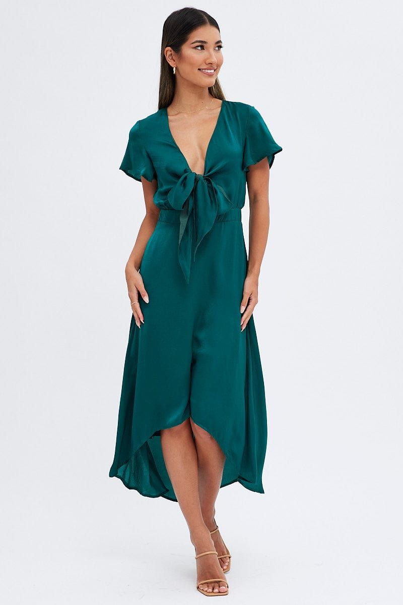 Green Midi Dress Short Sleeve Tie Back Satin sold by Ally Fashion