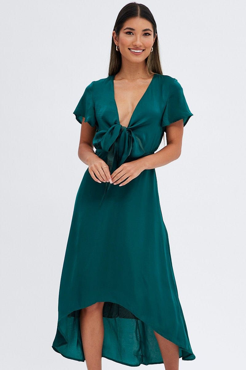 Green Midi Dress Short Sleeve Tie Back Satin sold by Ally Fashion product image thumbnail 2