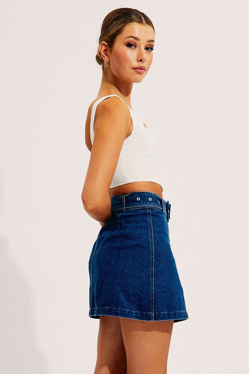 Blue Mini Skirt High Waisted Belted Button Front Denim sold by Ally Fashion product image thumbnail 4