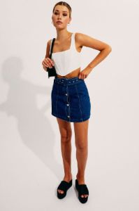 Blue Mini Skirt High Waisted Belted Button Front Denim sold by Ally Fashion