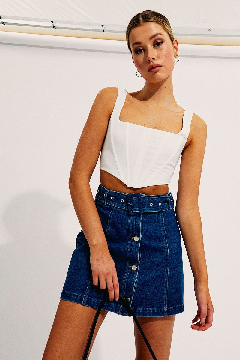 Blue Mini Skirt High Waisted Belted Button Front Denim sold by Ally Fashion