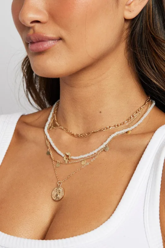 Gold Chain and Beads Layered Necklace sold by Ally Fashion