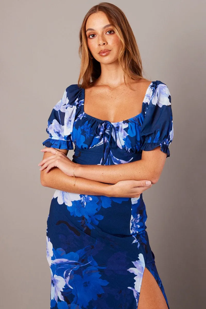 Blue Floral Midi Dress Puff Sleeve sold by Ally Fashion product image thumbnail 3