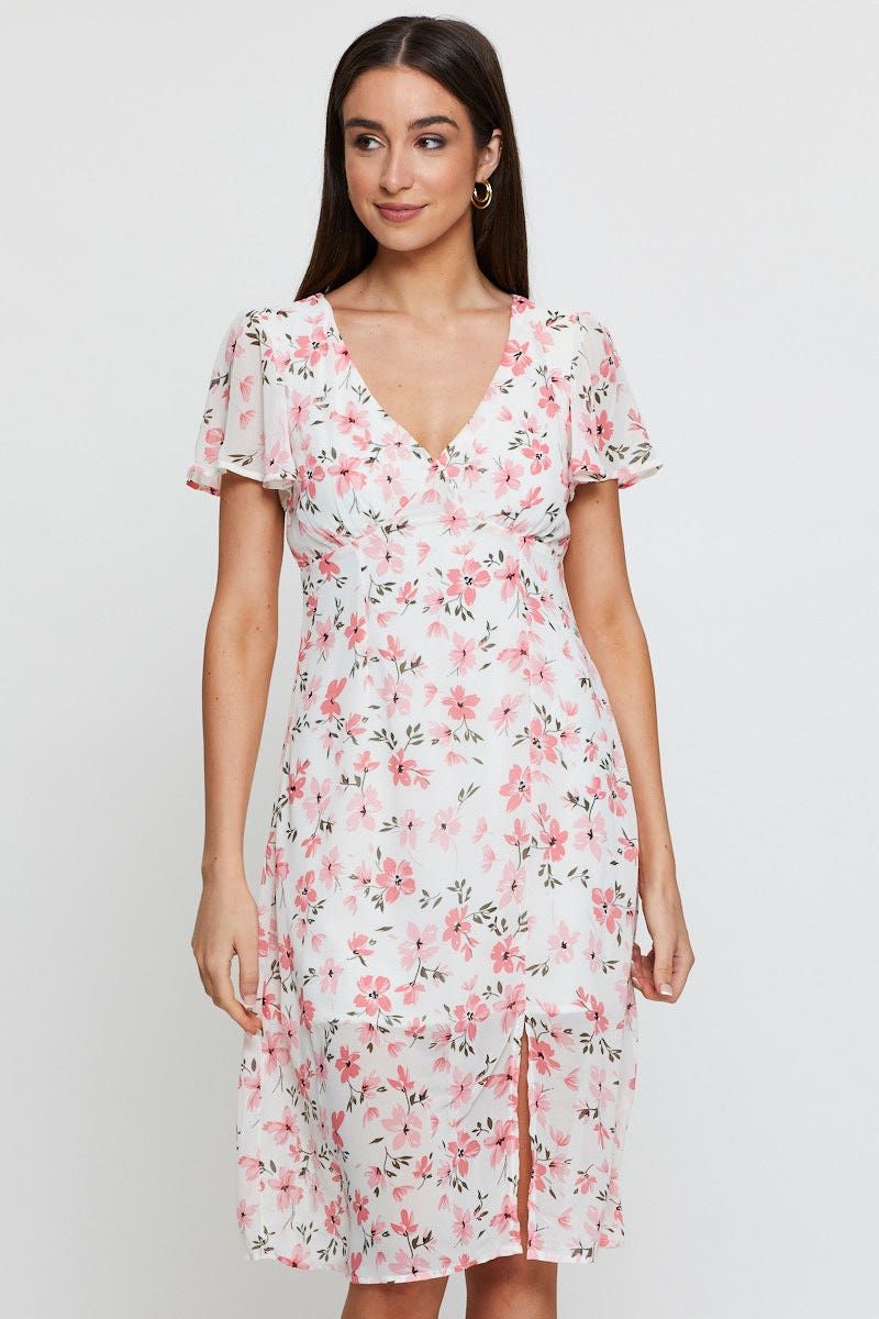 Print Midi Dress Short Sleeve V Neck sold by Ally Fashion
