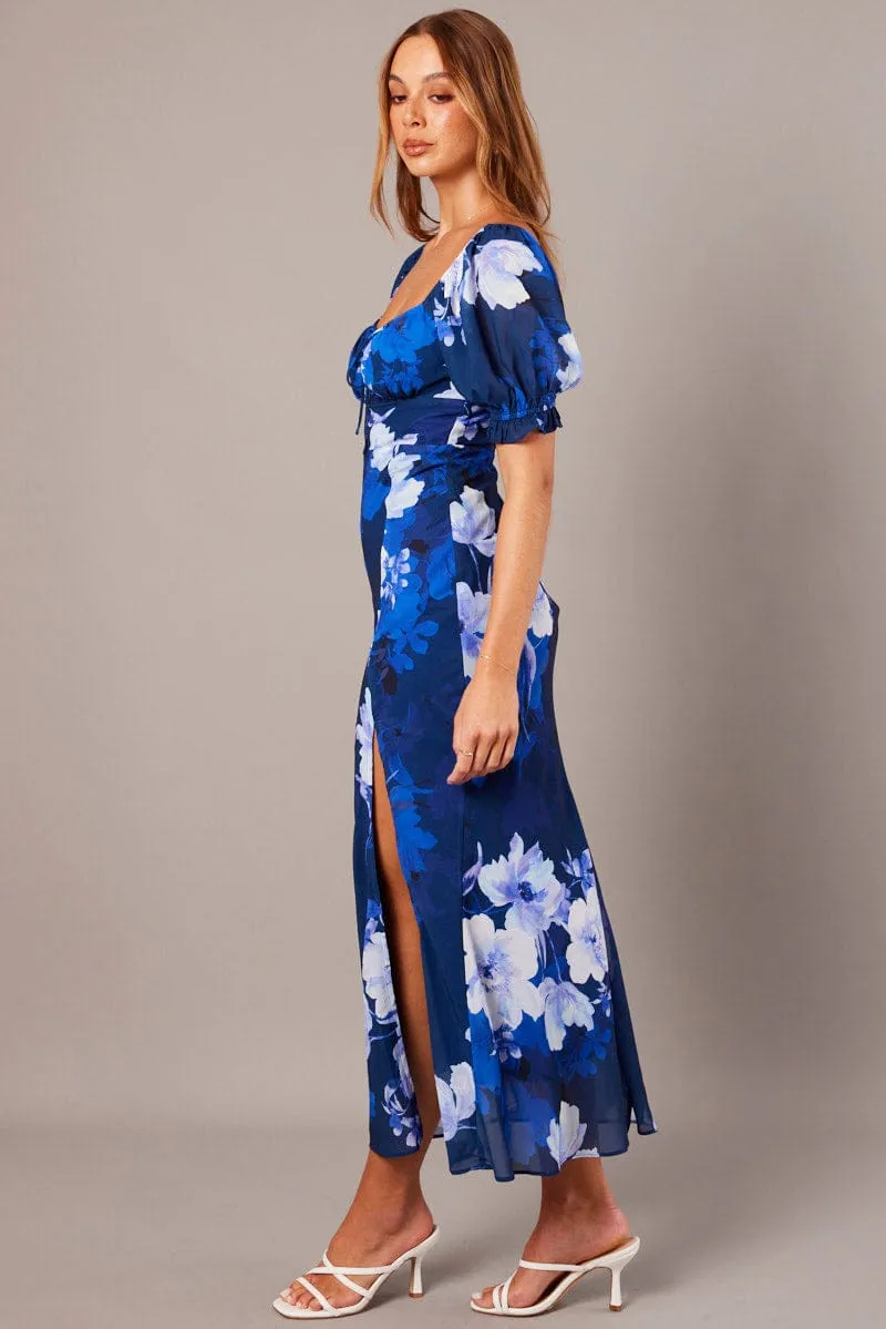 Blue Floral Midi Dress Puff Sleeve sold by Ally Fashion product image thumbnail 4