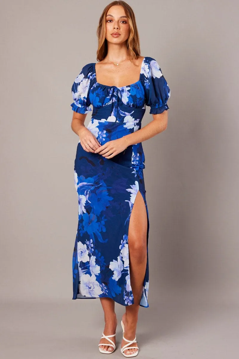 Blue Floral Midi Dress Puff Sleeve sold by Ally Fashion