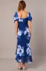 Blue Floral Midi Dress Puff Sleeve sold by Ally Fashion