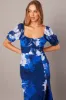 Blue Floral Midi Dress Puff Sleeve sold by Ally Fashion