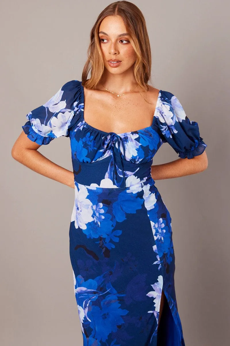 Blue Floral Midi Dress Puff Sleeve sold by Ally Fashion product image thumbnail 2