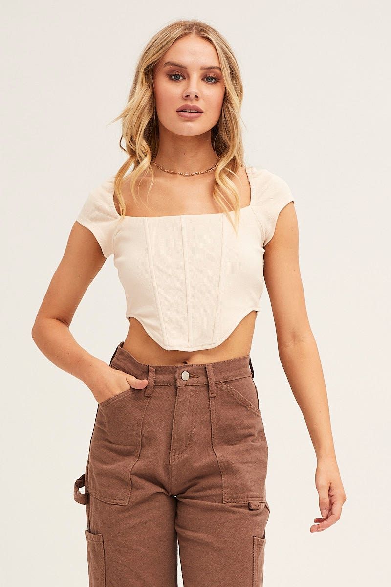 Beige Corset Crop Top Short Sleeve Square Neck sold by Ally Fashion product image thumbnail 3