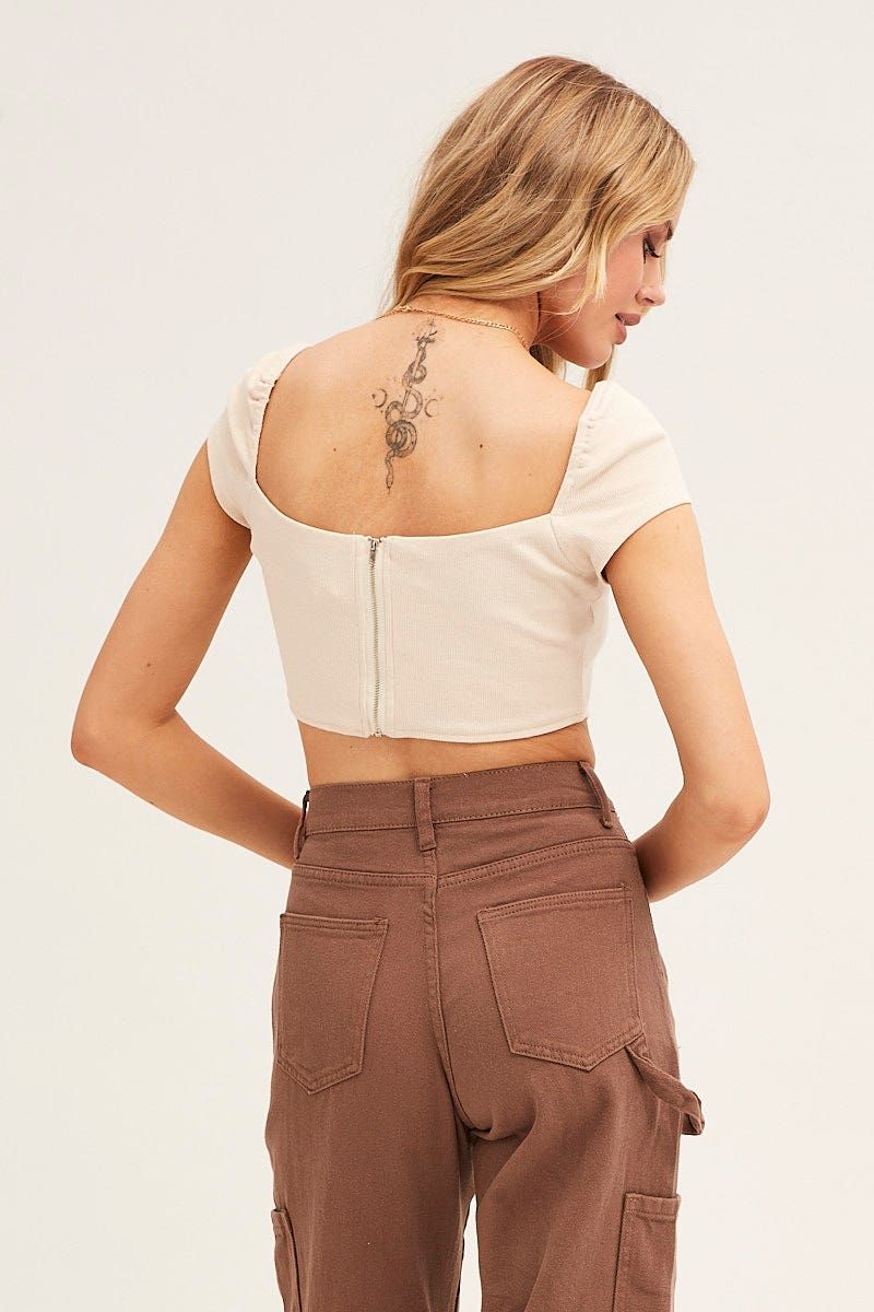 Beige Corset Crop Top Short Sleeve Square Neck sold by Ally Fashion product image thumbnail 5