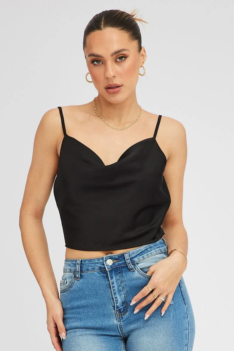 Black Satin Cami Sleeveless Cowl Neck sold by Ally Fashion