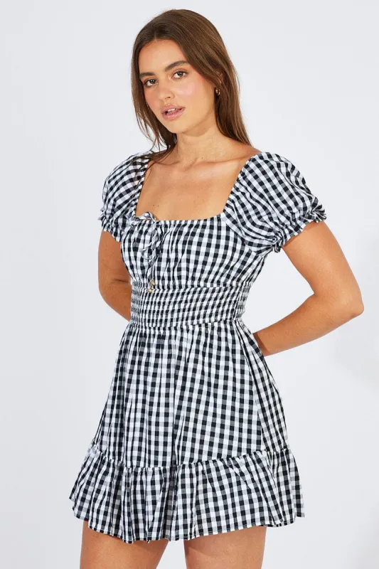 Black Check Fit And Flare Dress Puff Sleeve Mini sold by Ally Fashion
