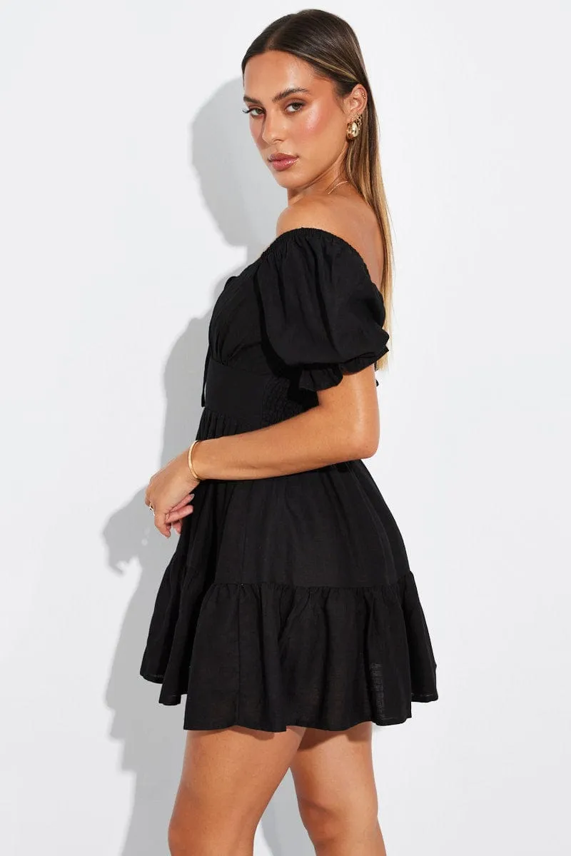 Black Fit and Flare Dress Short Sleeve Linen Blend sold by Ally Fashion product image thumbnail 4
