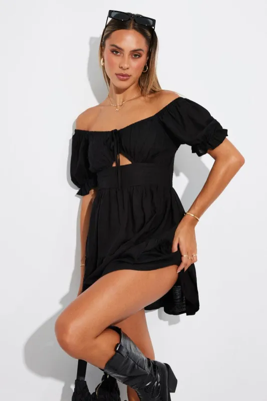 Black Fit and Flare Dress Short Sleeve Linen Blend sold by Ally Fashion